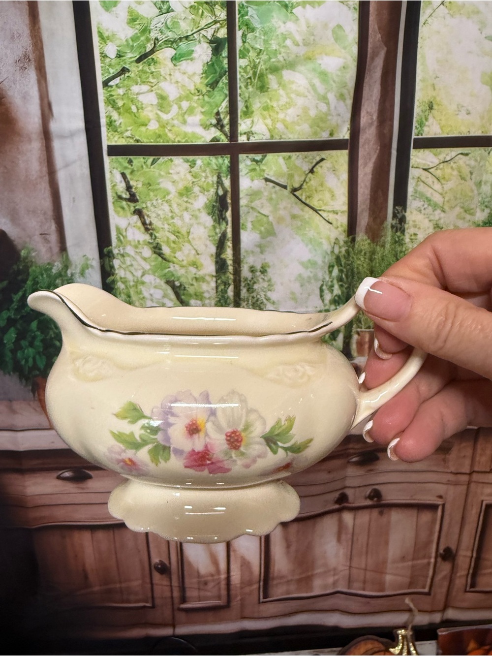 Homer Laughlin Cream Ceramic Gravy Boat with Pastel Floral Motif